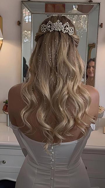 Half Up Blonde Bridal Hairstyles With Pearl Accessories