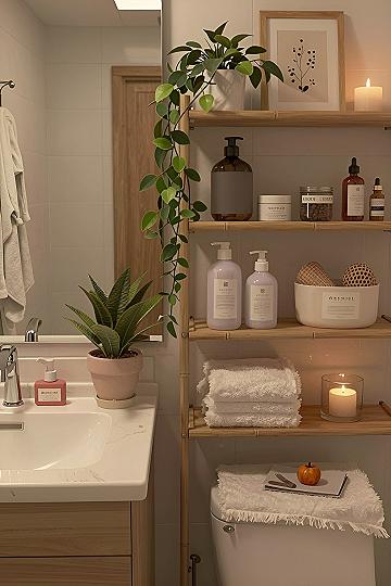 Utilizing Open Bamboo Shelving for Compact Bathroom Storage