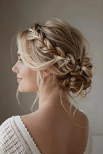 Braided Crown Wedding Updo With Floral Pins