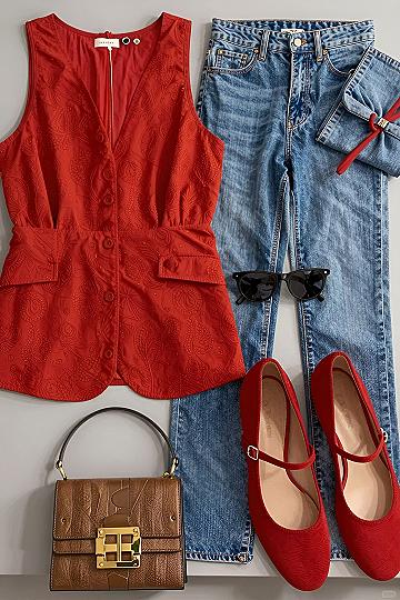 Pairing a Tailored Red Vest With Relaxed Denim