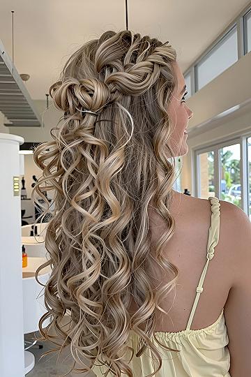 Half Up Blonde Crown Braid With Ringlets