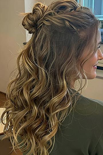 Half Up Half Down Braided Top Knot with Loose Waves