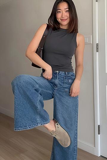 Pairing Suede Clogs with Relaxed Wide Leg Jeans