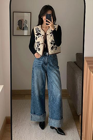 Layering a Quilted Embroidered Vest with Simple Basics