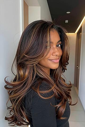Warm Caramel Balayage Highlights on Dark Hair
