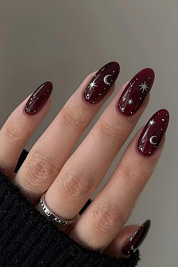 Deep Burgundy Base With Silver Crescent Moons and Stars