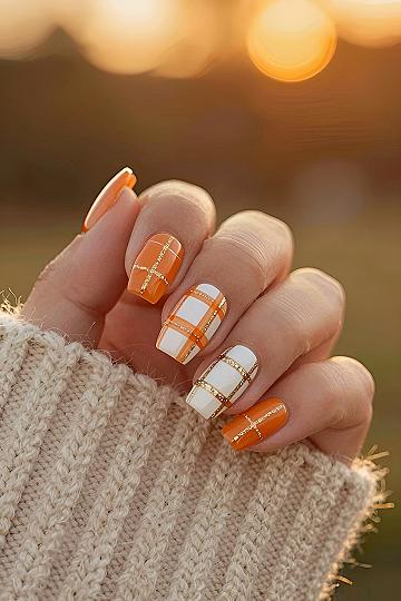 Cozy Plaid Accent Orange Nails for Autumn
