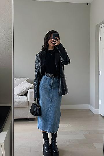 Pairing a Structured Leather Blazer with a Denim Midi Skirt