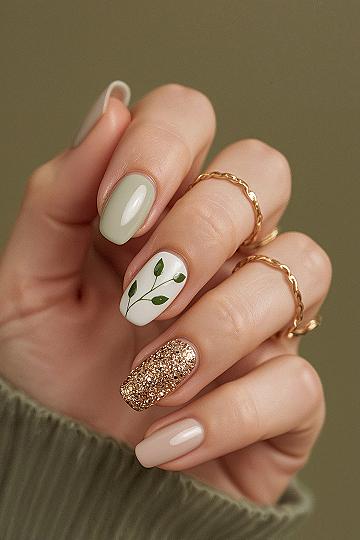 Chic Sage Green & Gold Nail Designs for a Soft Spring Aesthetic