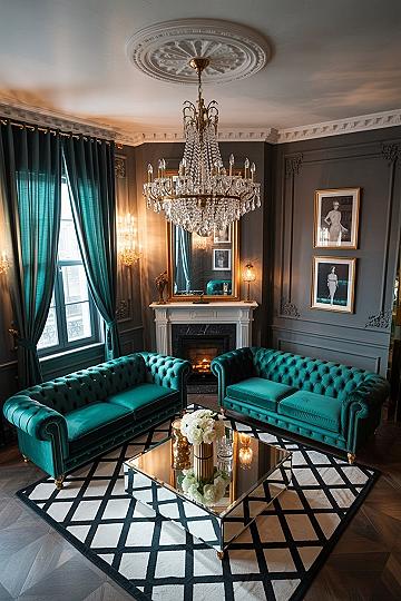 Opulent Emerald Living Room: Glamorous Furniture & Decor