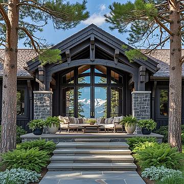 Lodge Style Mountain Home Exterior: Grand Entrance & Porch Design