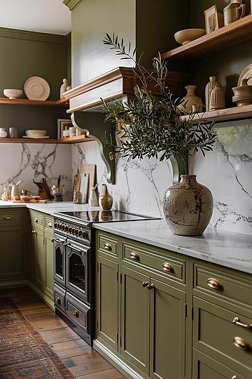 Olive Green Kitchen Dreams: Marble, Brass, and Timeless Elegance