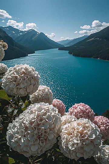 Tranquil Blue Mountain Flowers & Lake Views: Travel Aesthetic