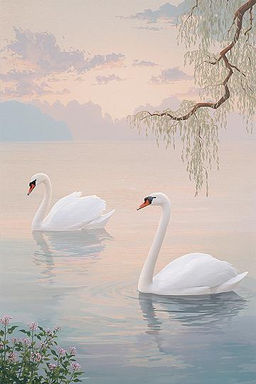 Serene Pastel Swans: Cute Nature Painting Art