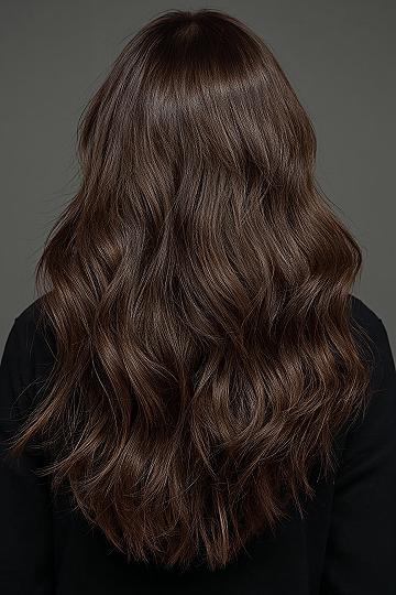 Chic Chocolate Layers: Modern Long Hair with No Bangs