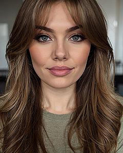Close-up of soft brunette waves and subtle makeup