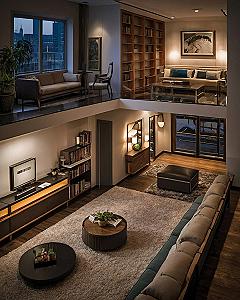 Interior Open-Plan Loft with City Views at Dusk
