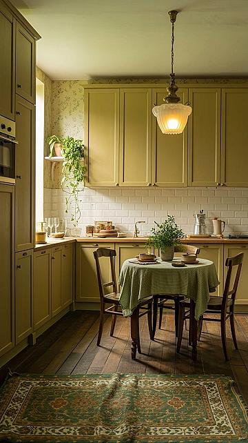 Charming Vintage European Kitchen: Cottagecore Olive Green
