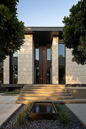 Modern Home Exterior: Chic Water Features & Stone Accents
