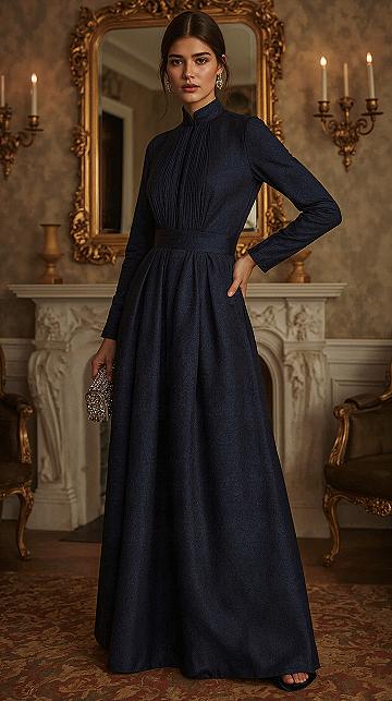 Chic Navy Blue Modest Gown for Fall Weddings & Events