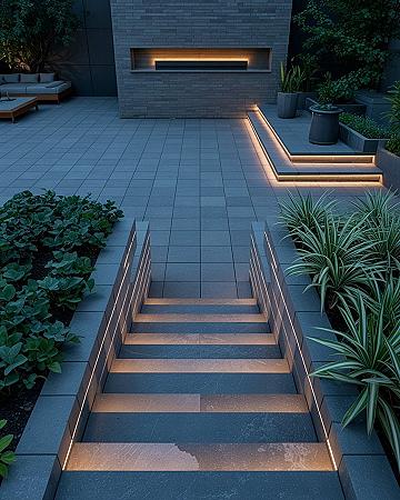 Modern Backyard Landscaping: Sleek Retaining Walls & Illuminated Garden Steps