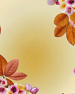 Why do copper leaves and pastel blossoms frame this golden canvas?