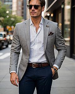 Pairing A Textured Grey Blazer With Navy Trousers