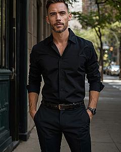 Pairing a Dark Button Down Shirt with Tailored Trousers