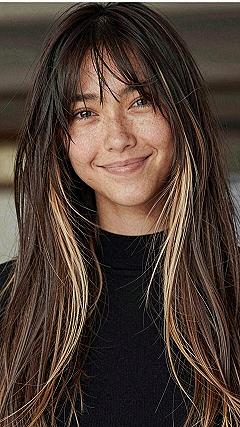 Mocha Balayage With Face Framing Highlights and Bangs