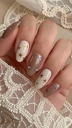 Celestial Gold Star Accents and Neutral Fall Nails