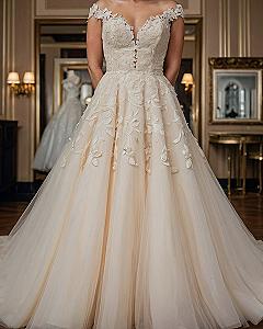 Ivory lace and blush tulle in a classic silhouette