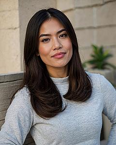 Close-up of brunette hair and a heather grey sweater