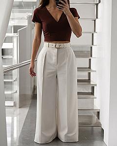 Deep wine top with wide-leg ivory trousers