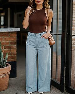 Deep espresso knit tank and sky-blue denim