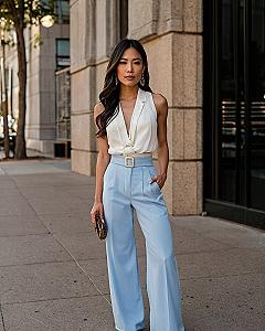 Soft Powder Blue Trousers with Cream Blouse Ensemble