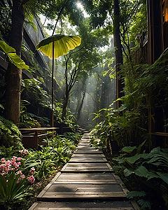 Sunlit Wooden Walkway Cutting Through a Lush Greenhouse Alley