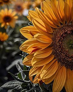 Sunlit Amber Petals Against Muted Slate Foliage