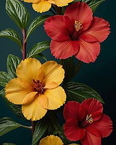 Vibrant marigold and crimson hibiscus against deep teal foliage