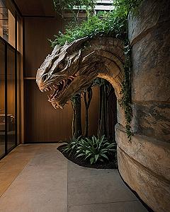 A carved stone dragon sculpture emerging from indoor garden walls
