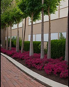 Vibrant Fuchsia Blooms Bordering Slender Tree Trunks Against Warm Taupe