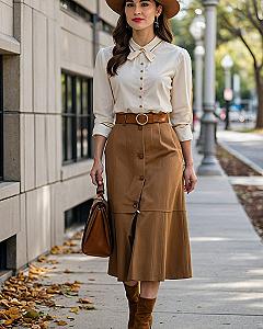 Styling a Bow Blouse and Button Front Midi Skirt