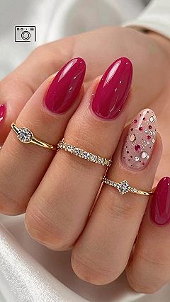 Adding Accent Nails With Rhinestones To Dark Pink Manicures