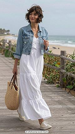 Styling A White Maxi Dress With A Cropped Denim Jacket For Seaside Weddings