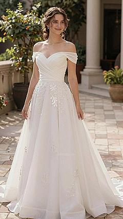 Opting for an Off the Shoulder Gown with Floral Appliques
