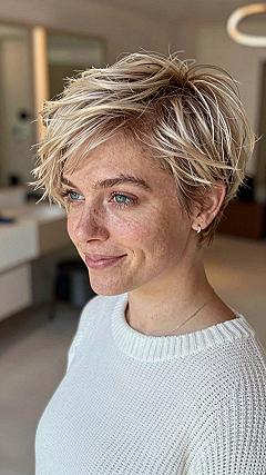 Messy Layered Blonde Pixie with Side Swept Fringe