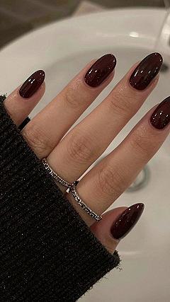 Glossy Maroon Nails With Minimalist Silver Constellation Lines