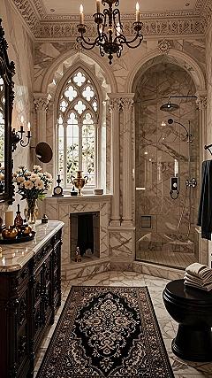 Maintaining Stone Surfaces and Vintage Rugs in a Gothic Bathroom