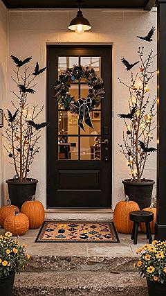 Styling Halloween Entryway Trees with Twinkling Lights