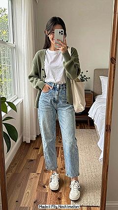 Styling Olive Cardigan Sweaters With Light Wash Jeans