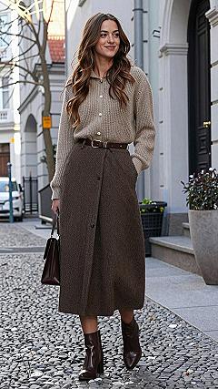 Pairing a Knit Cardigan with a Wool Midi Skirt